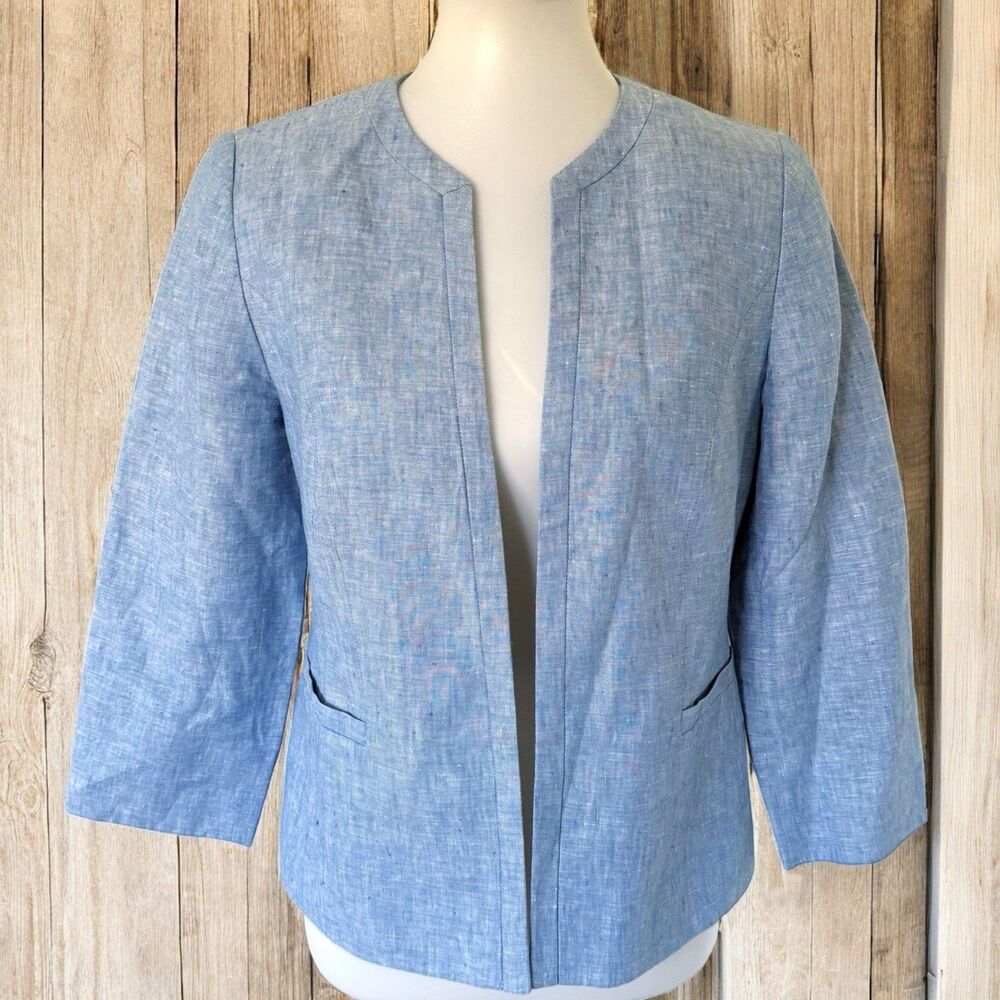 TALBOTS Blue 100% Linen Blazer Chambray 4 Women Suit Jacket Career Pastel Office